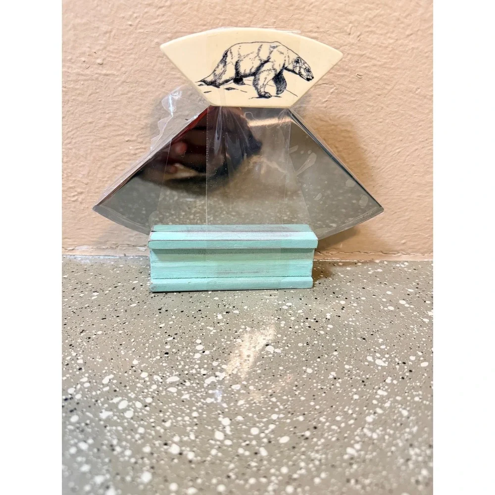 Polar Bear Scrimshaw Style Ulu Knife with Teal Wooden Display Stand Arctic Decor